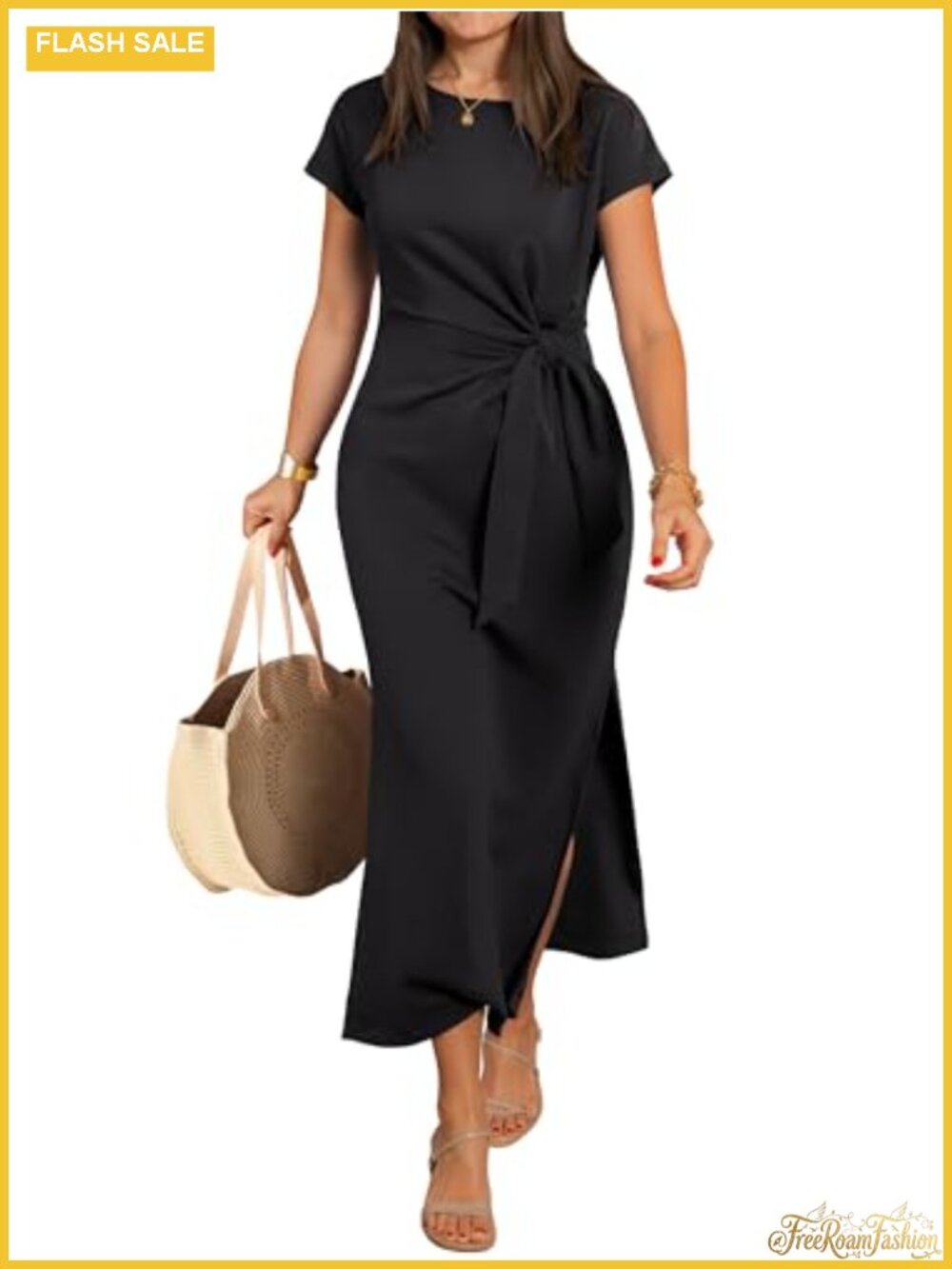 Women's Slim Fit Maxi Dress Short Sleeve Tie Waist Slit Wrinkle-Free